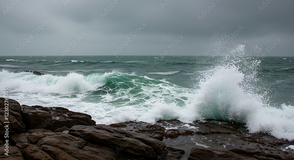 Powerful Storm Waves Crashing Against Rugged Coastal Rocks Powerful Storm Waves Crashing Against Rugged Coastal Rocks