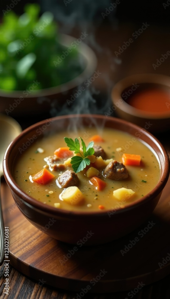a shot of a steaming bowl of creamy beef soup, soup, comforting, liquid a shot of a steaming bowl of creamy beef soup, soup, comforting, liquid