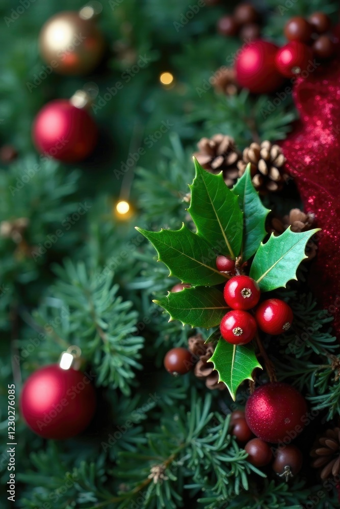 Fototapeta premium Red copy space with a few holly berries on it, christmas background, greenery, winter decor