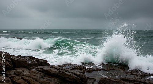 Powerful Storm Waves Crashing Against Rugged Coastal Rocks photo