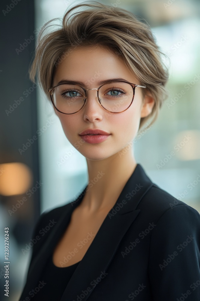 Portrait of a confident young businesswoman wearing stylish eyeglasses, exuding professionalism in a modern office environment Portrait of a confident young businesswoman wearing stylish eyeglasses, exuding professionalism in a modern office environment