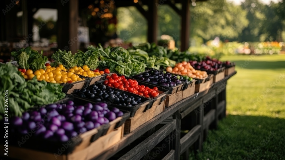 Vibrant Fresh Fruits and Vegetables Displayed at Outdoor Farmers Market in Sunny Green Landscape Vibrant Fresh Fruits and Vegetables Displayed at Outdoor Farmers Market in Sunny Green Landscape