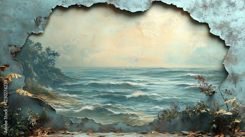 Ocean landscape mural breaking through a wall in a tranquil coastal setting at dawn