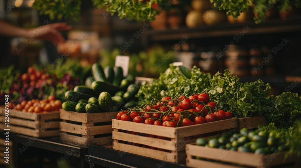 Fresh Organic Vegetables in Wooden Baskets at a Vibrant Market Display with Lush Greenery and Colorful Produce Fresh Organic Vegetables in Wooden Baskets at a Vibrant Market Display with Lush Greenery and Colorful Produce
