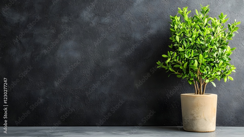 Potted evergreen plant with lush green foliage and leaves placed against a dark moody background with ample copy space Minimal modern decor for office home or work environment Potted evergreen plant with lush green foliage and leaves placed against a dark moody background with ample copy space Minimal modern decor for office home or work environment
