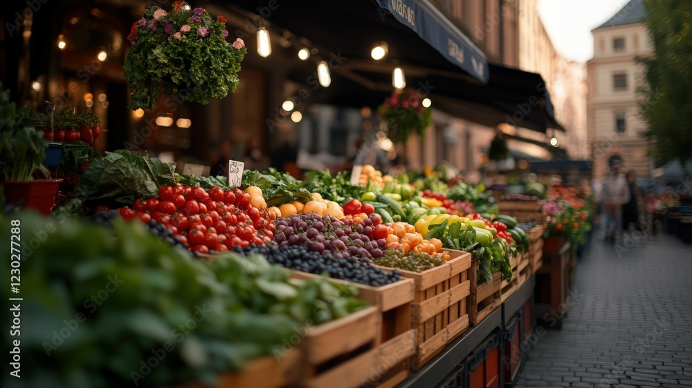 Vibrant Market Scene with Fresh Produce Under Soft Evening Light, Colorful Fruits and Vegetables in Wooden Crates Vibrant Market Scene with Fresh Produce Under Soft Evening Light, Colorful Fruits and Vegetables in Wooden Crates