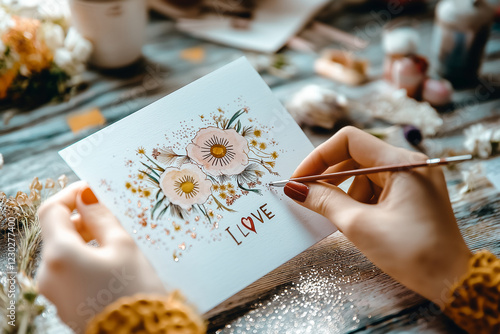female Hand painting floral paper card with i love text, DIY craft and artistic creativity