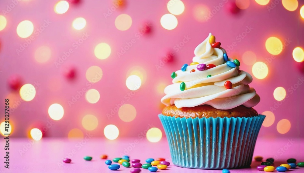 Whimsical cupcake with colorful toppings on a bright pink surface with glowing bokeh lights Whimsical cupcake with colorful toppings on a bright pink surface with glowing bokeh lights