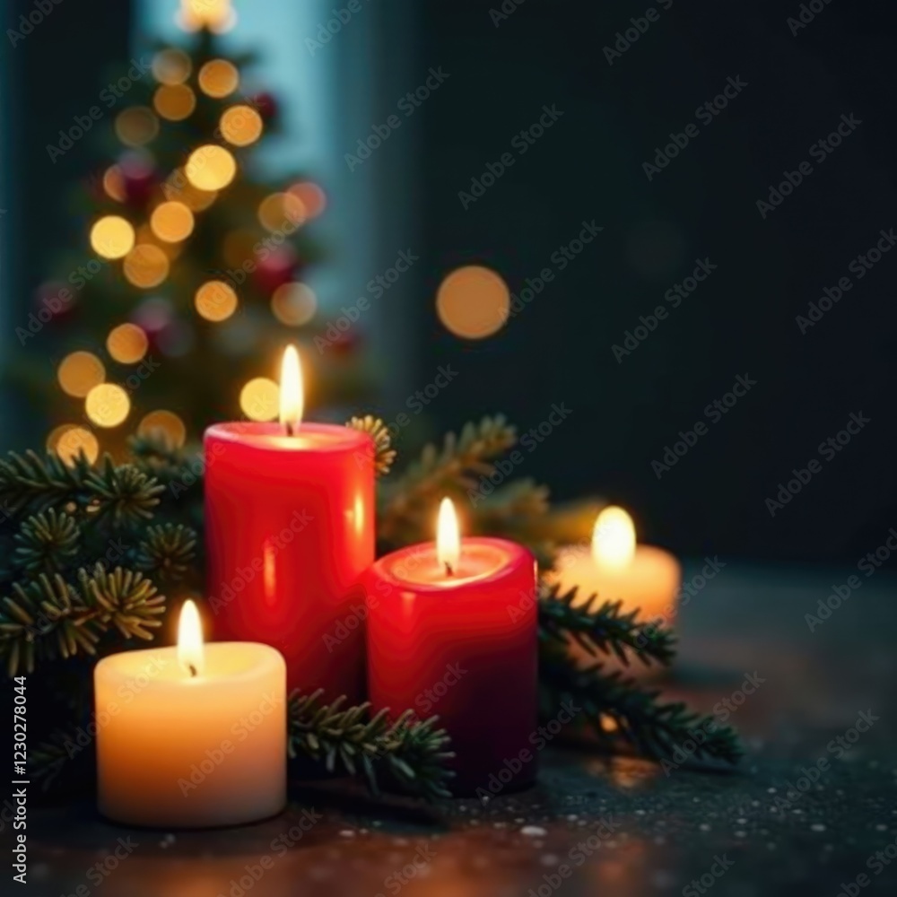 Flickering candles around an illuminated Christmas tree, glow, soft Flickering candles around an illuminated Christmas tree, glow, soft