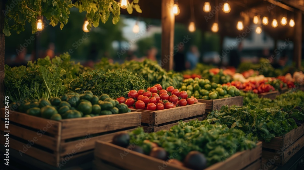 Fresh Produce Displayed at Vibrant Market with Wooden Crates and Warm Lighting Atmosphere Fresh Produce Displayed at Vibrant Market with Wooden Crates and Warm Lighting Atmosphere