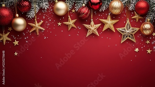 Vibrant Red Background Adorned with Shimmering Gold and Silver Ornaments Creating a Luxurious and Festive Atmosphere Perfect for Celebrations and Special Occasions Evoking Elegance and Joy