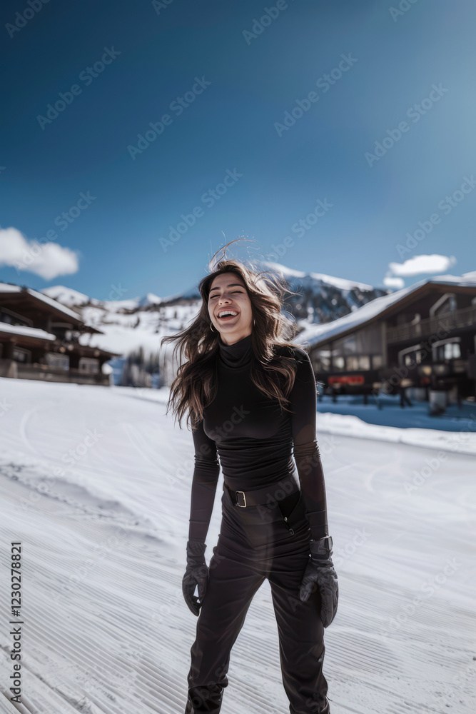 A cheerful woman in black winter attire laughs joyfully on a sunny snowy day, with mountains and wooden cabins in the background. A cheerful woman in black winter attire laughs joyfully on a sunny snowy day, with mountains and wooden cabins in the background.