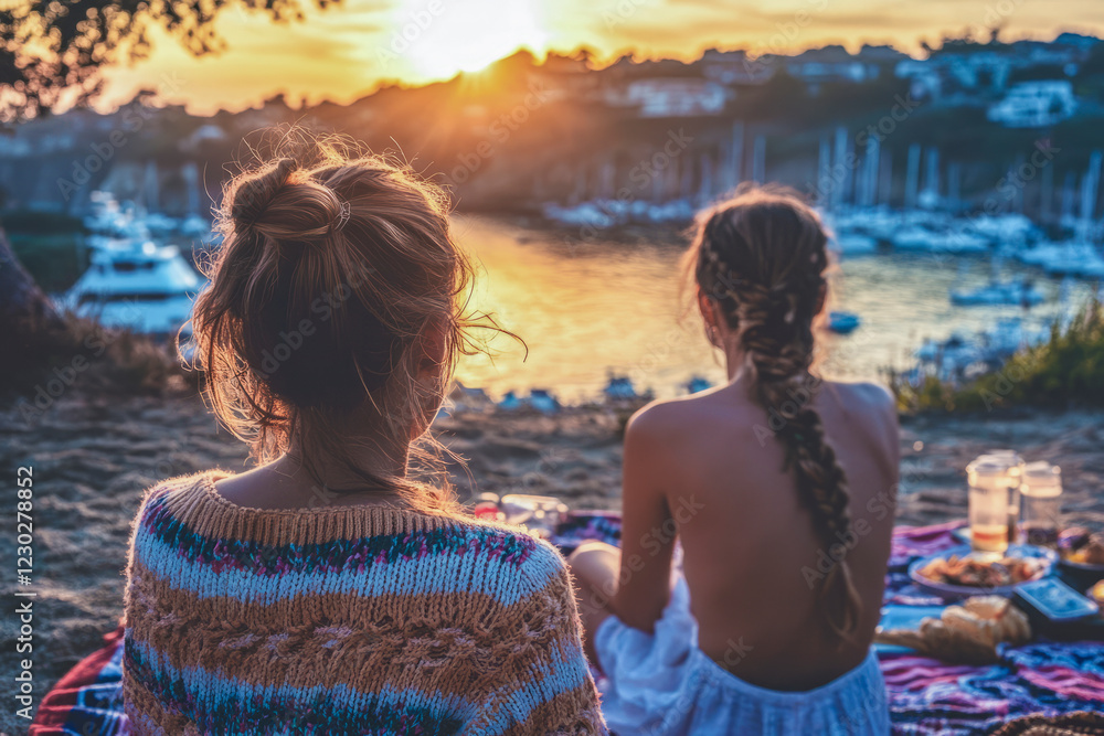 Fototapeta premium Two women enjoy a serene sunset by the water, sitting on a picnic blanket with food, overlooking a marina with boats.