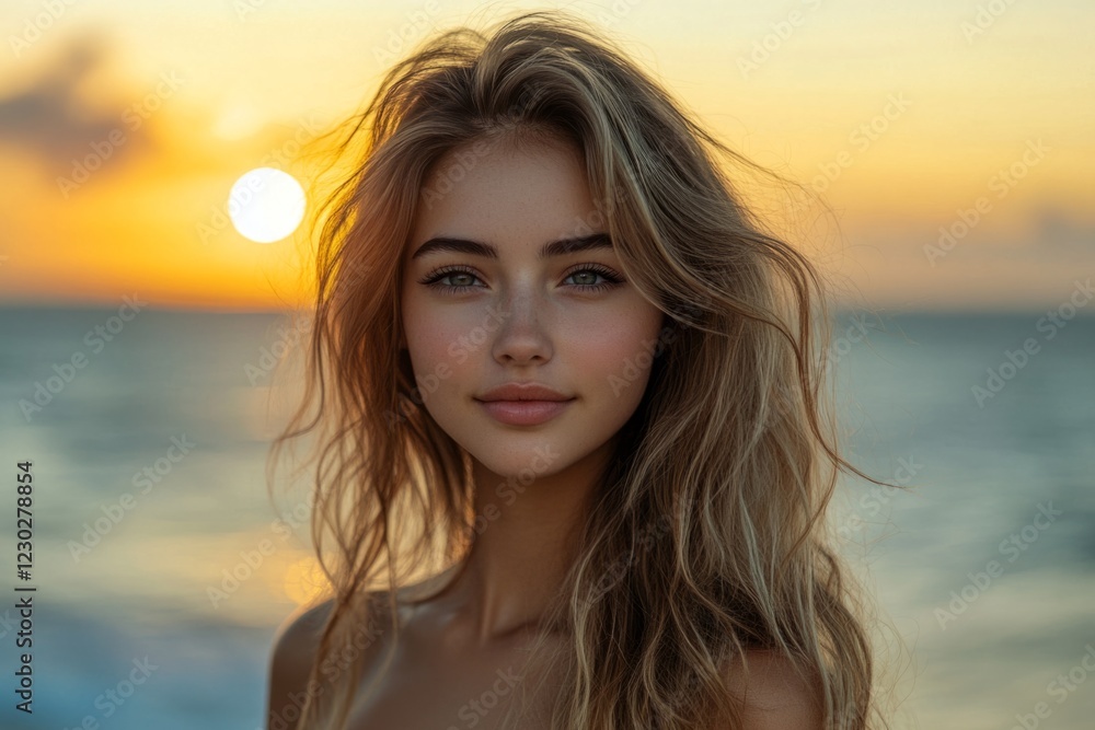 Young woman with long hair enjoying a beautiful sunset at the beach Young woman with long hair enjoying a beautiful sunset at the beach