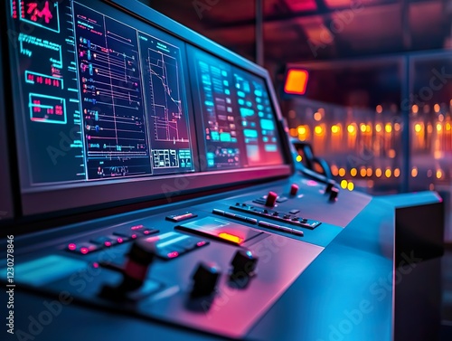 Wallpaper Mural A modern control panel with digital displays and buttons illuminated with blue and pink lights, suggesting a high-tech and futuristic environment for monitoring and control. Torontodigital.ca