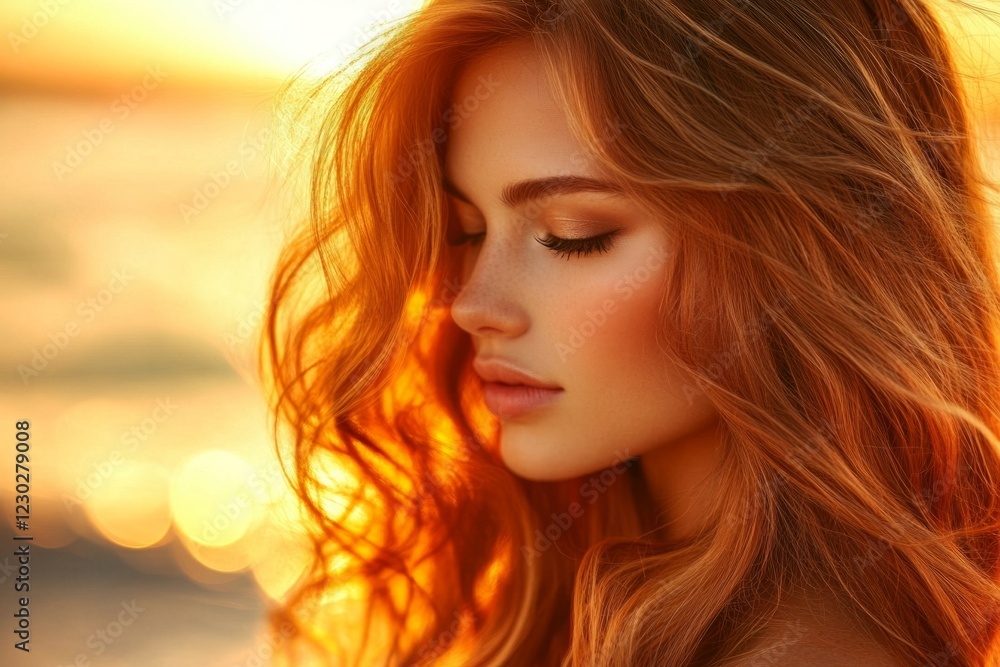 Redhead fashion model posing with closed eyes, enjoying golden hour light Redhead fashion model posing with closed eyes, enjoying golden hour light