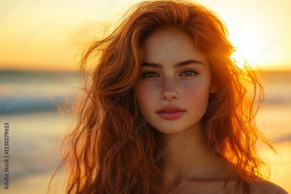 Redhead fashion model posing on beach at sunset with wind blowing through her hair Redhead fashion model posing on beach at sunset with wind blowing through her hair