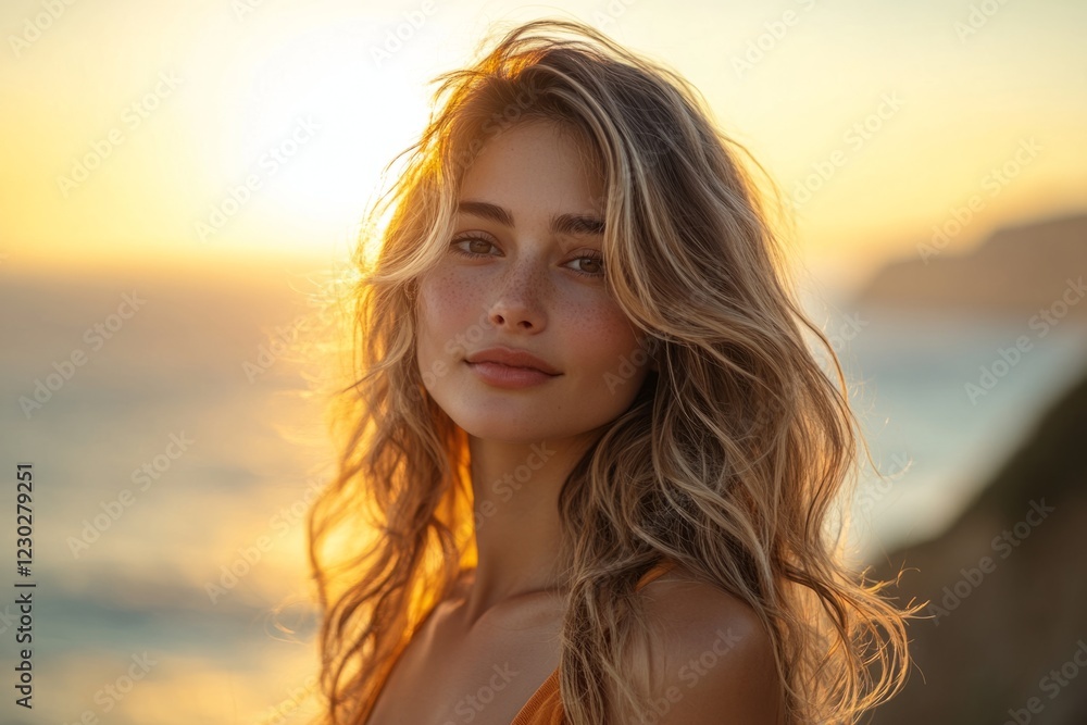 Portrait of a beautiful blonde model with freckles enjoying the golden hour light at the beach Portrait of a beautiful blonde model with freckles enjoying the golden hour light at the beach