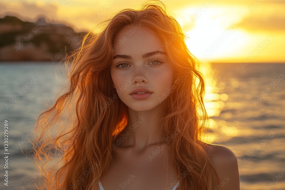 Young woman with long, red hair enjoying golden hour sunset at the beach Young woman with long, red hair enjoying golden hour sunset at the beach