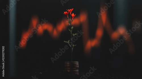 Single Red Flower Growing from Stacked Coins in Dark Background Symbolizing Financial Growth and Nature's Resilience