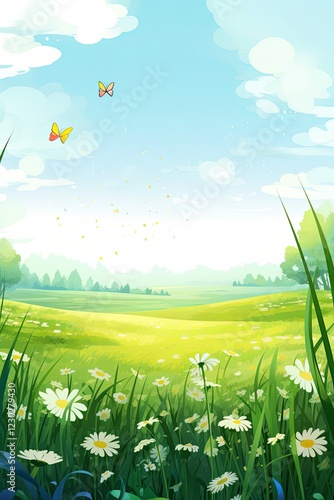 Flower meadow, spring meadow landscape, nature cartoon, Easter background, vertical picture