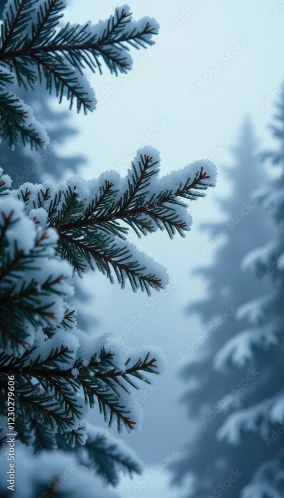Obraz premium Frosted fir branches stretched towards the frosty sky, branches, frosty