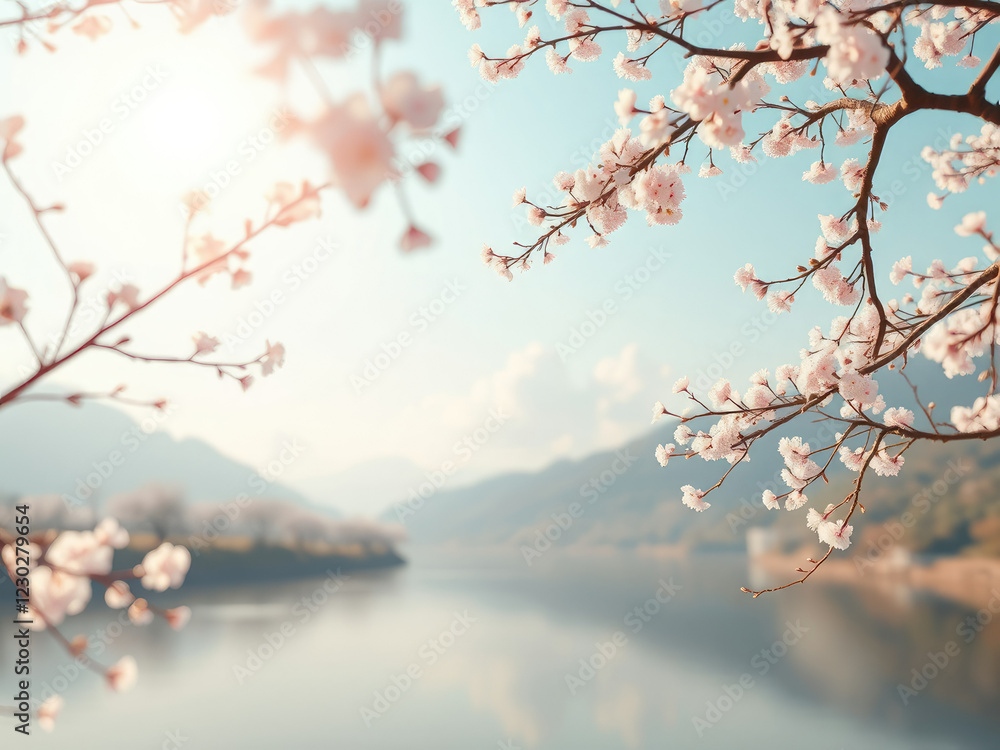 Fototapeta premium Scenic view of Yangjaecheon river framed by cherry blossom branches, nature, serene, flora