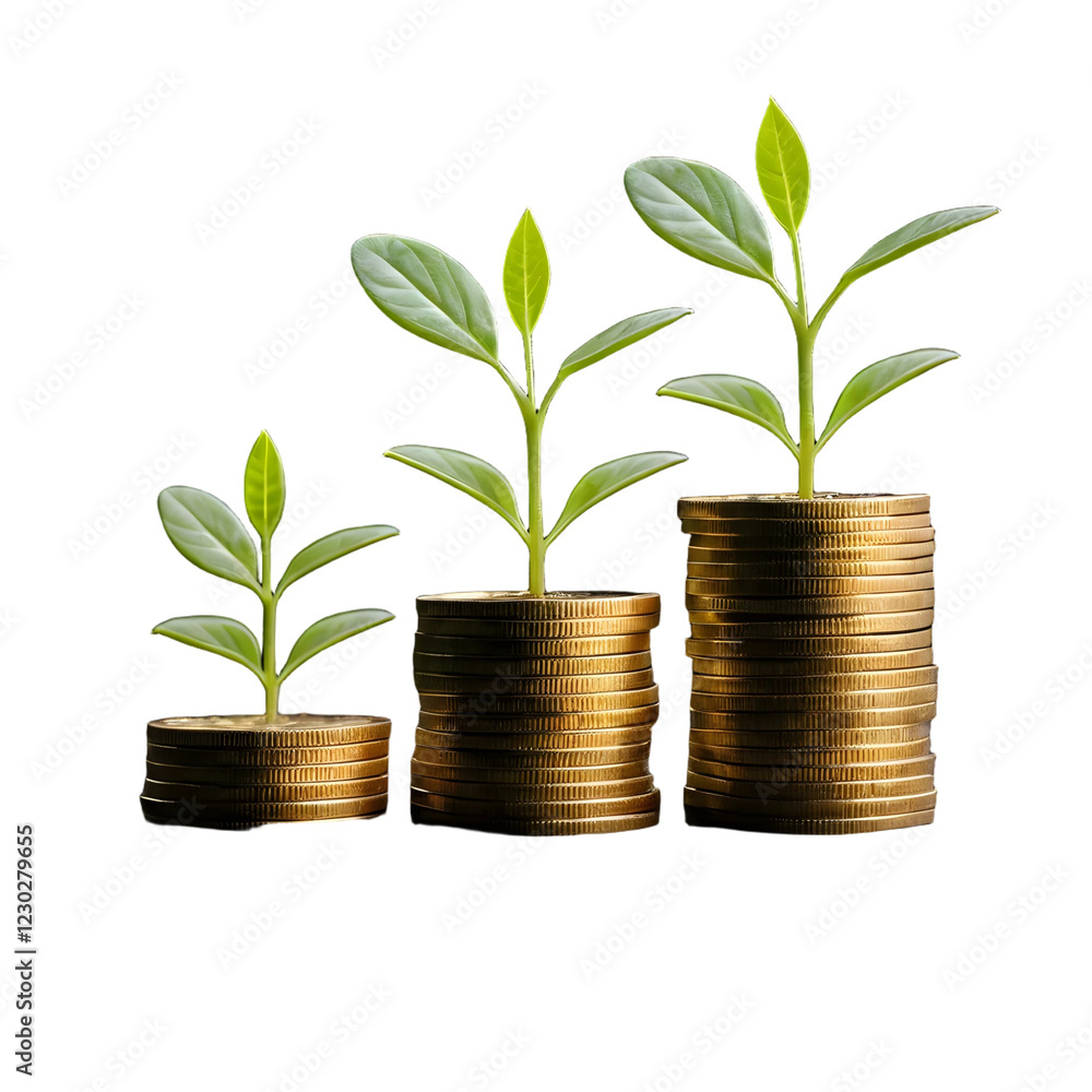 A Conceptual Image of Three Green Plants Growing on Stacks of Golden Coins, Symbolic of Financial Growth and Prosperity. A Conceptual Image of Three Green Plants Growing on Stacks of Golden Coins, Symbolic of Financial Growth and Prosperity.
