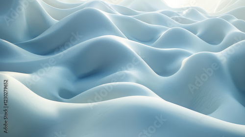 Smooth, flowing abstract waves in soft blue tones create serene atmosphere