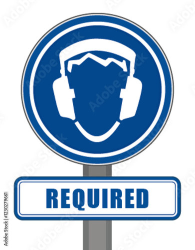 Mandatory sign round blue hearing protection ears helmet