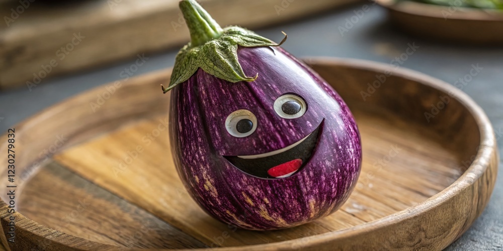 Macro Photo: Smiling Eggplant on a Rustic Dish - Vibrant Purple Vegetable Close-up Macro Photo: Smiling Eggplant on a Rustic Dish - Vibrant Purple Vegetable Close-up