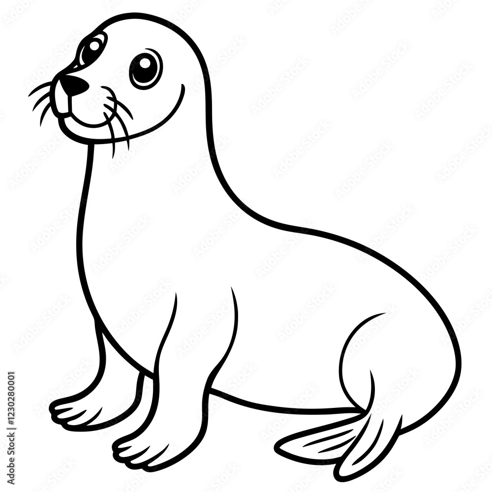 Fototapeta premium Cute Black Vector Sea Lion Line Art Black Vector Silhouette Cartoon Illustration