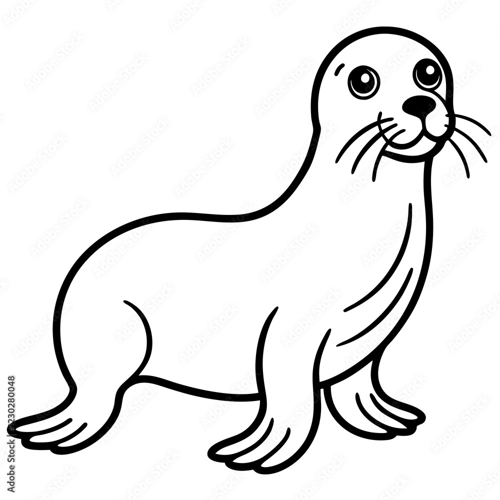 Fototapeta premium Cute Black Vector Sea Lion Line Art Black Vector Silhouette Cartoon Illustration