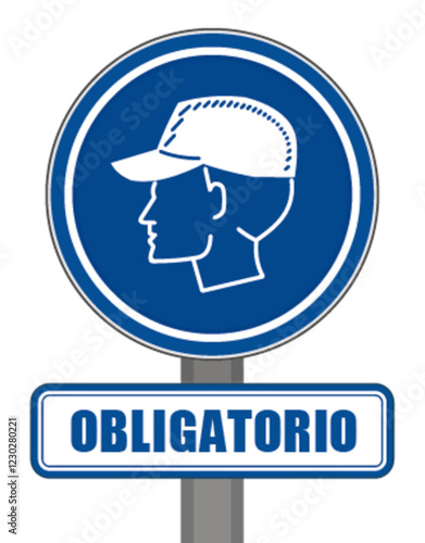 Signo obligatorio gorro redondo azul de protección de la cabeza
