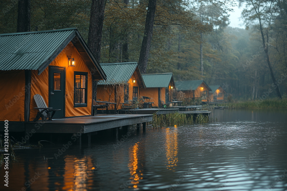 Fototapeta premium Cozy Cabins Lakeside Autumnal Forest Retreat