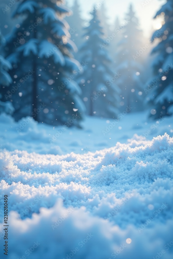 Fototapeta premium Frosty landscape with snowflakes gently falling, snowfall, whiteout, frozen ground