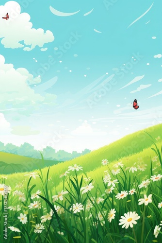 Flower meadow, spring meadow landscape, nature cartoon, Easter background, vertical picture