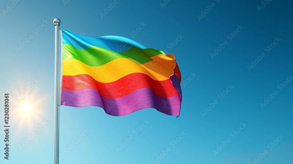Vibrant Rainbow Flag Flutters in Clear Blue Sky with Sunlight Vibrant Rainbow Flag Flutters in Clear Blue Sky with Sunlight