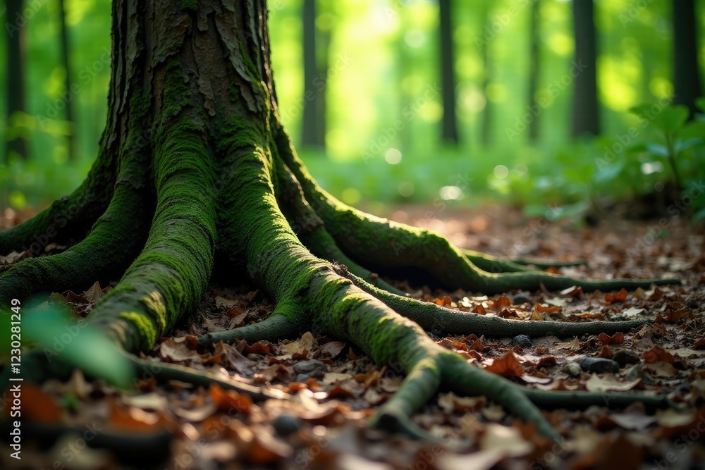 Large black walnut tree roots visible through forest floor, natural landscape, forest floor Large black walnut tree roots visible through forest floor, natural landscape, forest floor