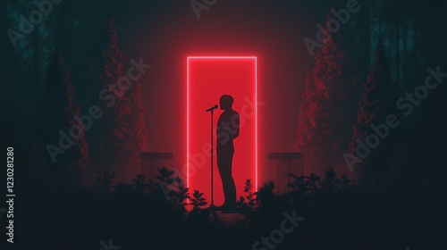 Silhouette of a Singer Performing in a Misty Forest with a Neon Red Doorway Backdrop