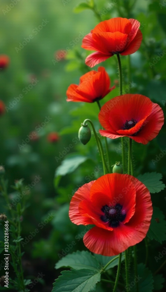 Obraz premium Vines twine around large red poppies amidst lush green foliage, foliage, green, leaves