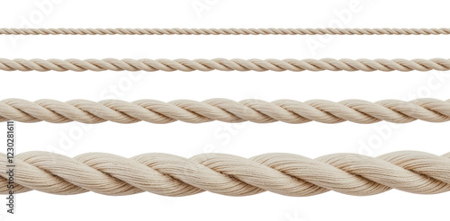 Four twisted cotton ropes of different thicknesses lying horizontally on white background