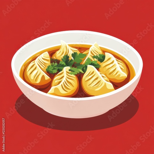 vector style flat illustration dumpling soup, side view, red solid background, warm and bold, dumplings plated in broth with fresh herbs, clean and appetizing. clean lines 2D design photo