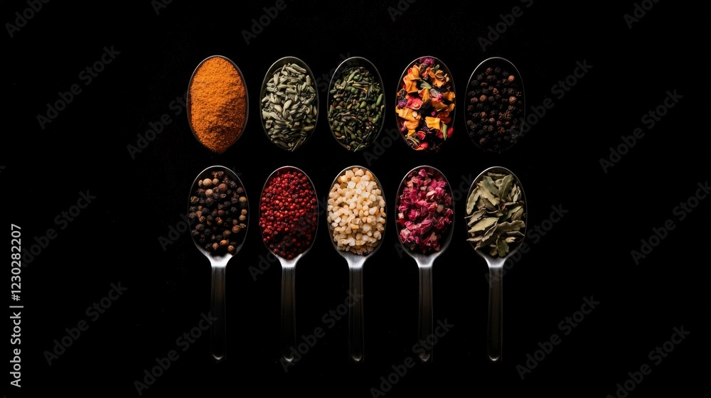 Collection of Colorful Spices and Herbs Displayed in Spoons on Black Background for Culinary Inspiration Collection of Colorful Spices and Herbs Displayed in Spoons on Black Background for Culinary Inspiration