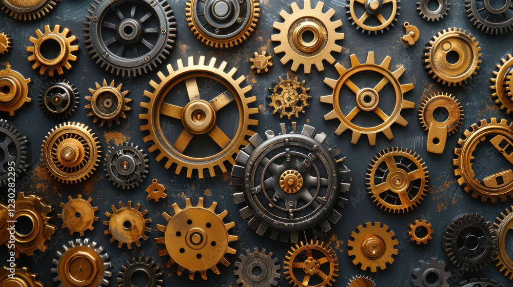 abstract background of interconnected metallic cogs, showcasing intricate designs and textures that evoke sense of mechanical harmony abstract background of interconnected metallic cogs, showcasing intricate designs and textures that evoke sense of mechanical harmony