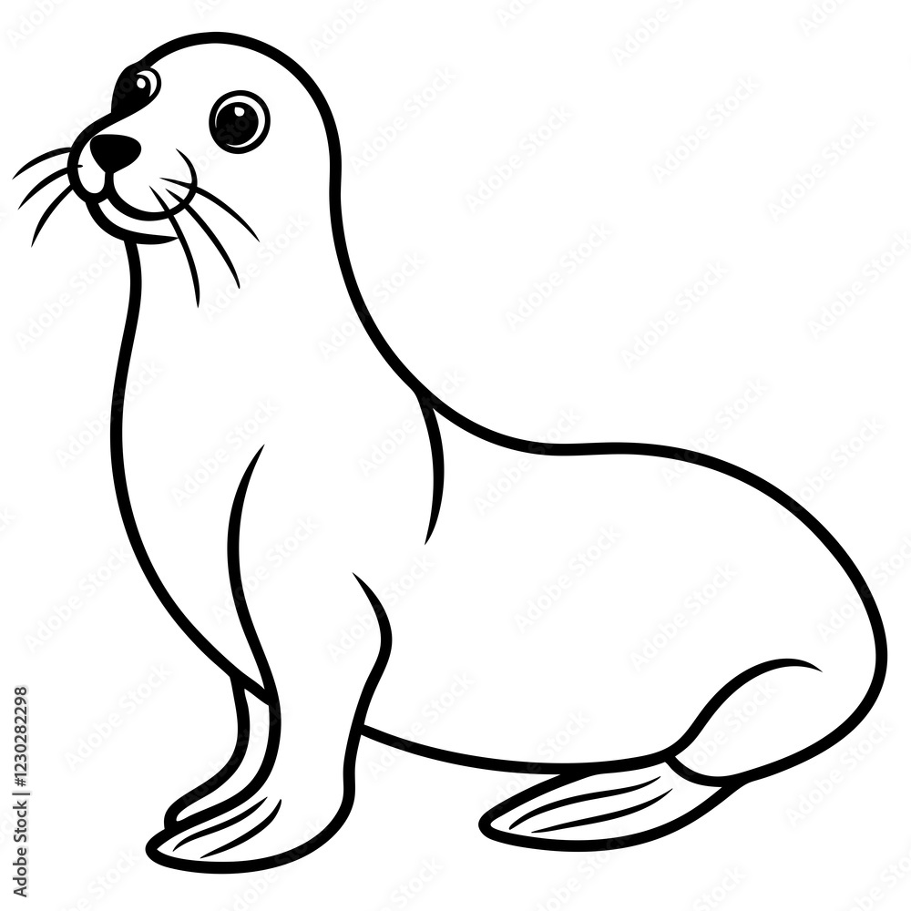 Fototapeta premium Cute Black Vector Sea Lion Line Art Black Vector Silhouette Cartoon Illustration