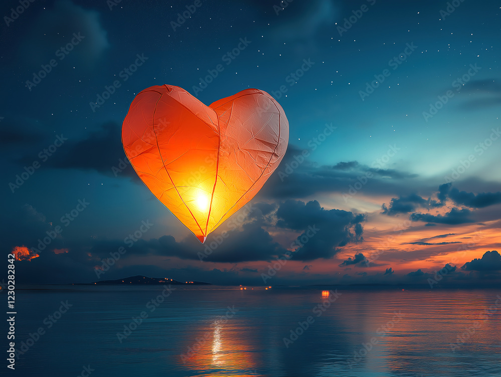 Fototapeta premium Beautiful heart-shaped lantern glowing softly in the night sky