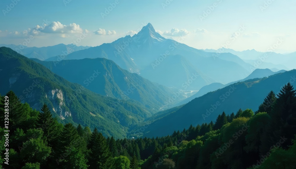 Fototapeta premium Serene mountains rising above lush green forests, mountains, serene, nature