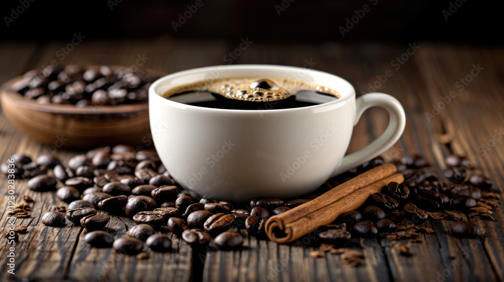 Aromatic coffee in white cup surrounded by coffee beans and cinnamon Aromatic coffee in white cup surrounded by coffee beans and cinnamon