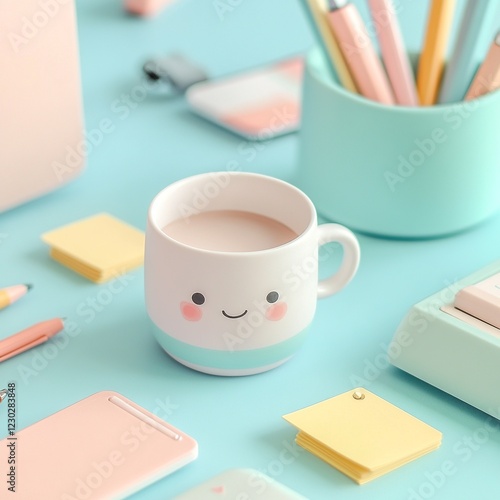 A cute and aesthetic kawaii desk setup with pastel-colored stationery, notebooks, pens, and decorations, creating a cozy and creative workspace.

